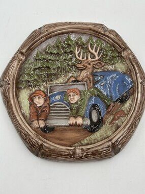 Vintage Humorous Porcelain Deer Hunter Ashtray Deer Driving Gag Gift 9” Funny